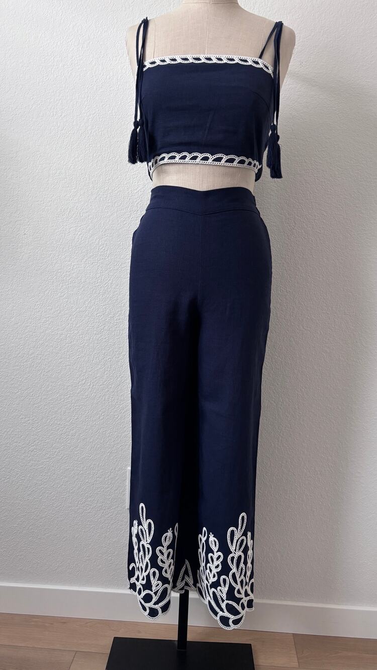 Christian Lacroix - NWT XS Women's Navy Linen blend embroidered 2 piece set - Picture 1 of 11